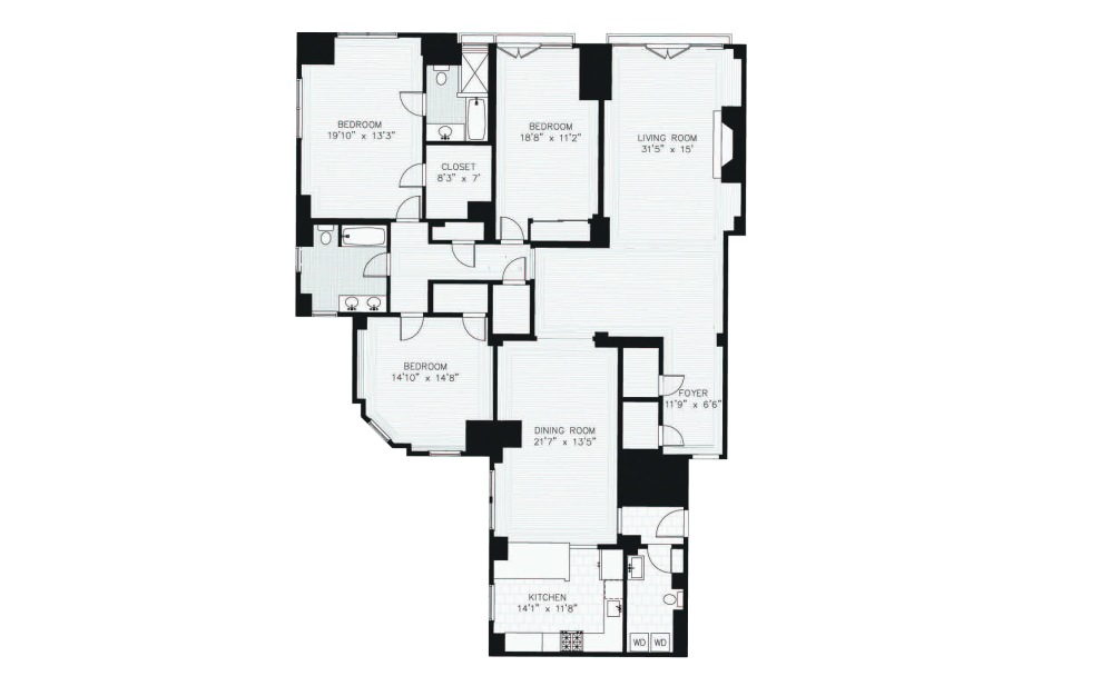 Restored 1006 - 3 bedroom floorplan layout with 2.5 bathrooms and 2580 square feet