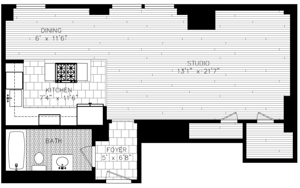 Restored '05 - Studio floorplan layout with 1 bathroom and 670 square feet (Floorplan
)