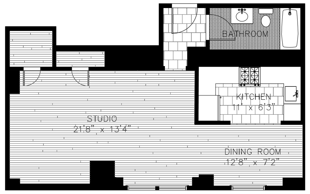 Restored 605 & 705 - Studio floorplan layout with 1 bathroom and 670 square feet (Floorplan
)