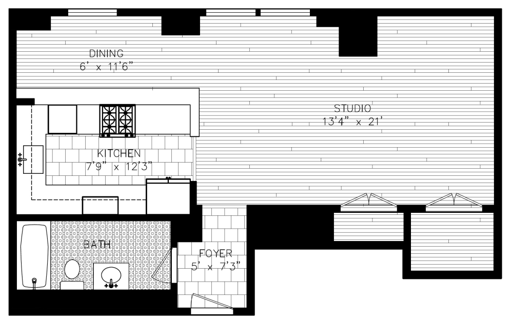 Restored 805 - Studio floorplan layout with 1 bathroom and 670 square feet