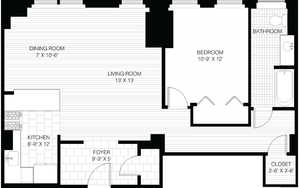 Restored '03 - 1 bedroom floorplan layout with 1 bathroom and 915 square feet (Floorplan
)